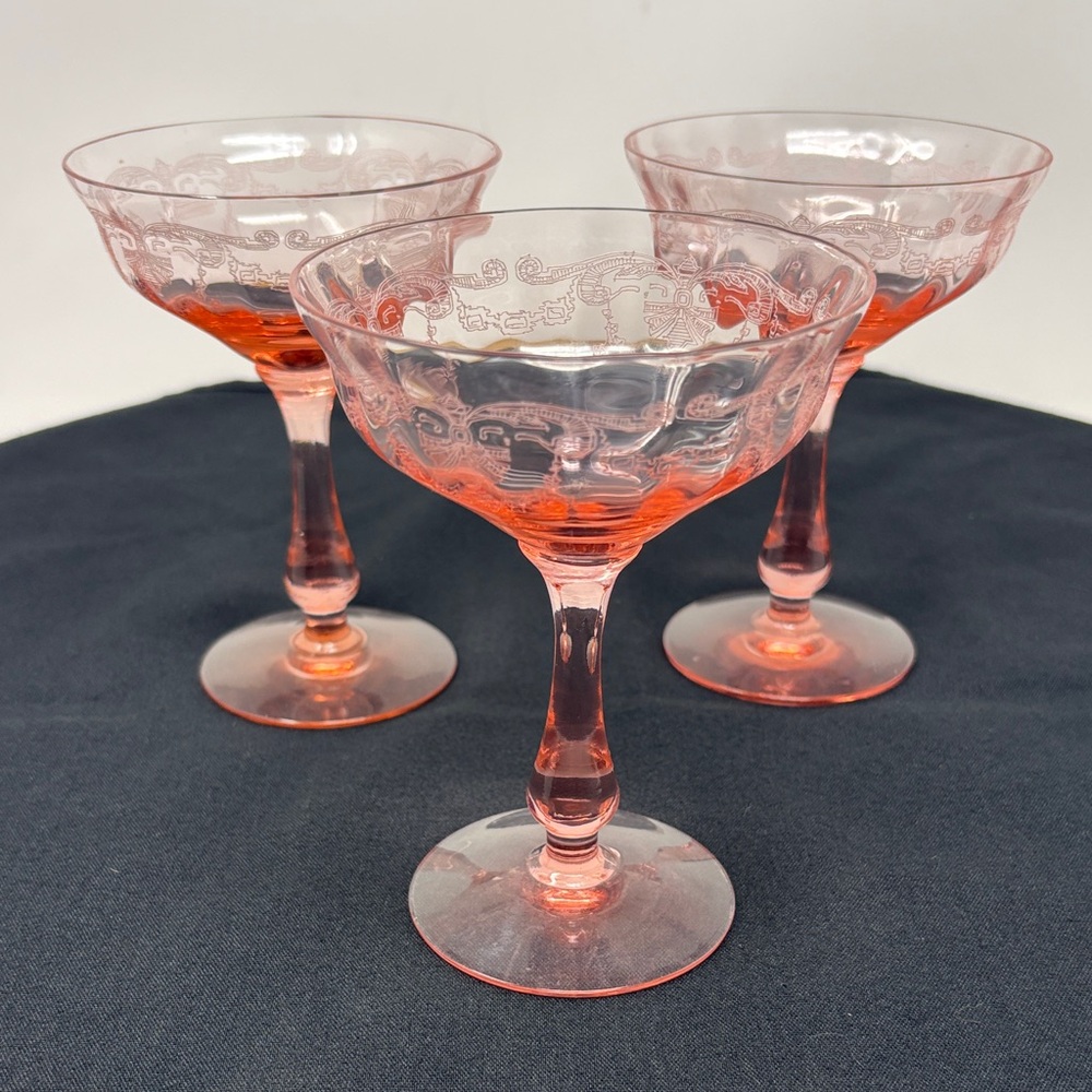 VINTAGE Set of 3 Pink Sherbert Champagne Etched Glasses